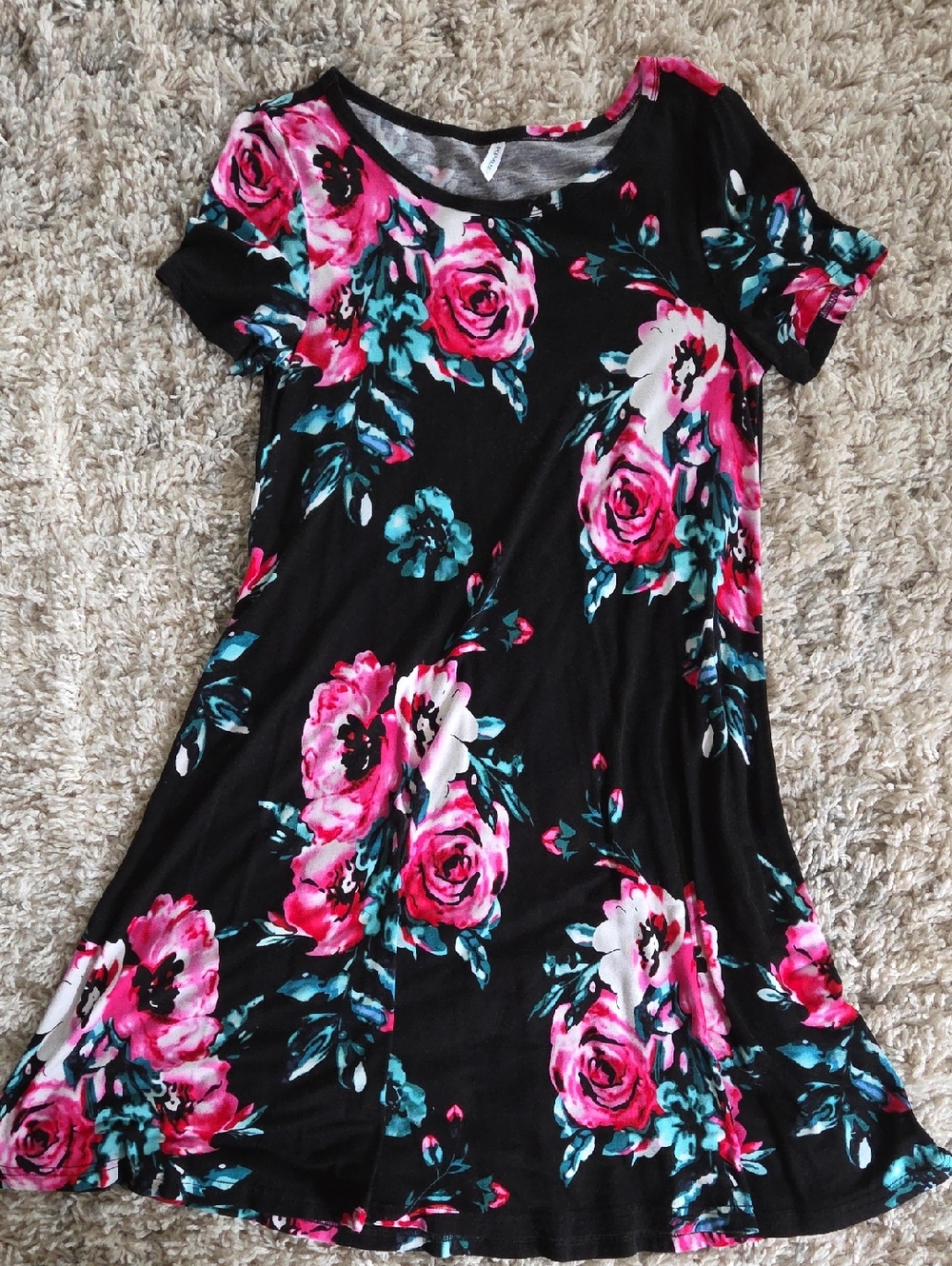 Black Floral Short Sleeve Swing Dress - Pink Floral Print